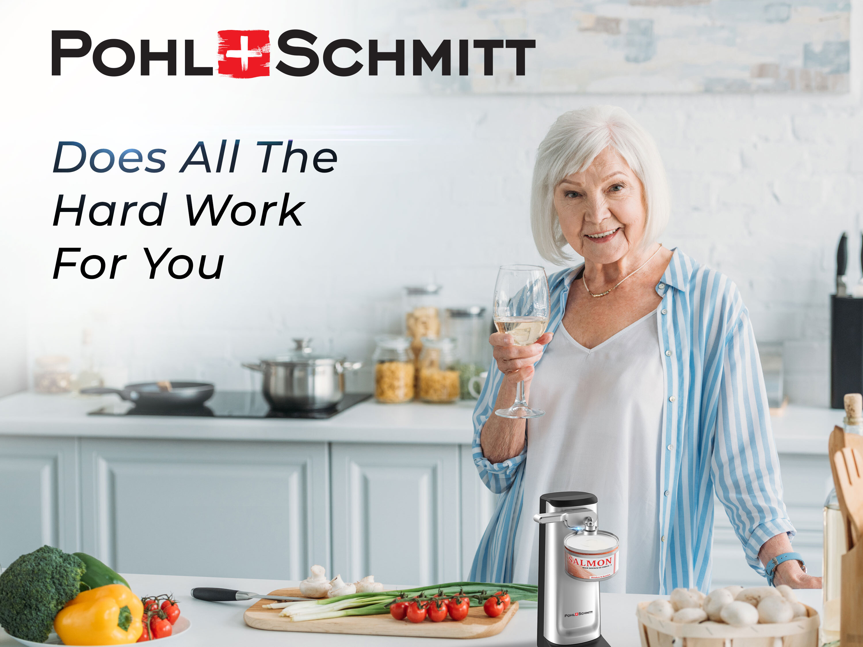 Does All The Hard Work For You - Senior woman easily using Pohl+Schmitt can opener in modern kitchen